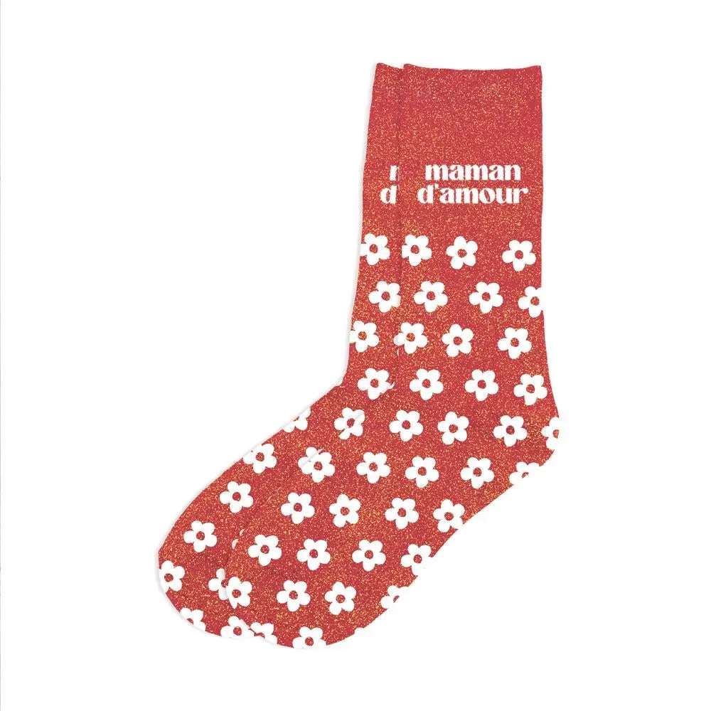 Maman d'Amour avec des fleurs Chaussettes à paillettes