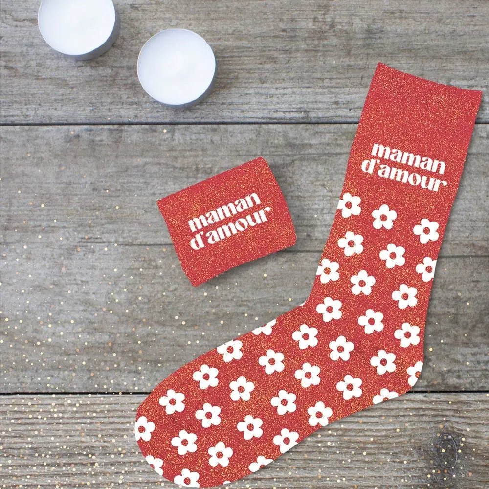 Maman d'Amour avec des fleurs Chaussettes à paillettes