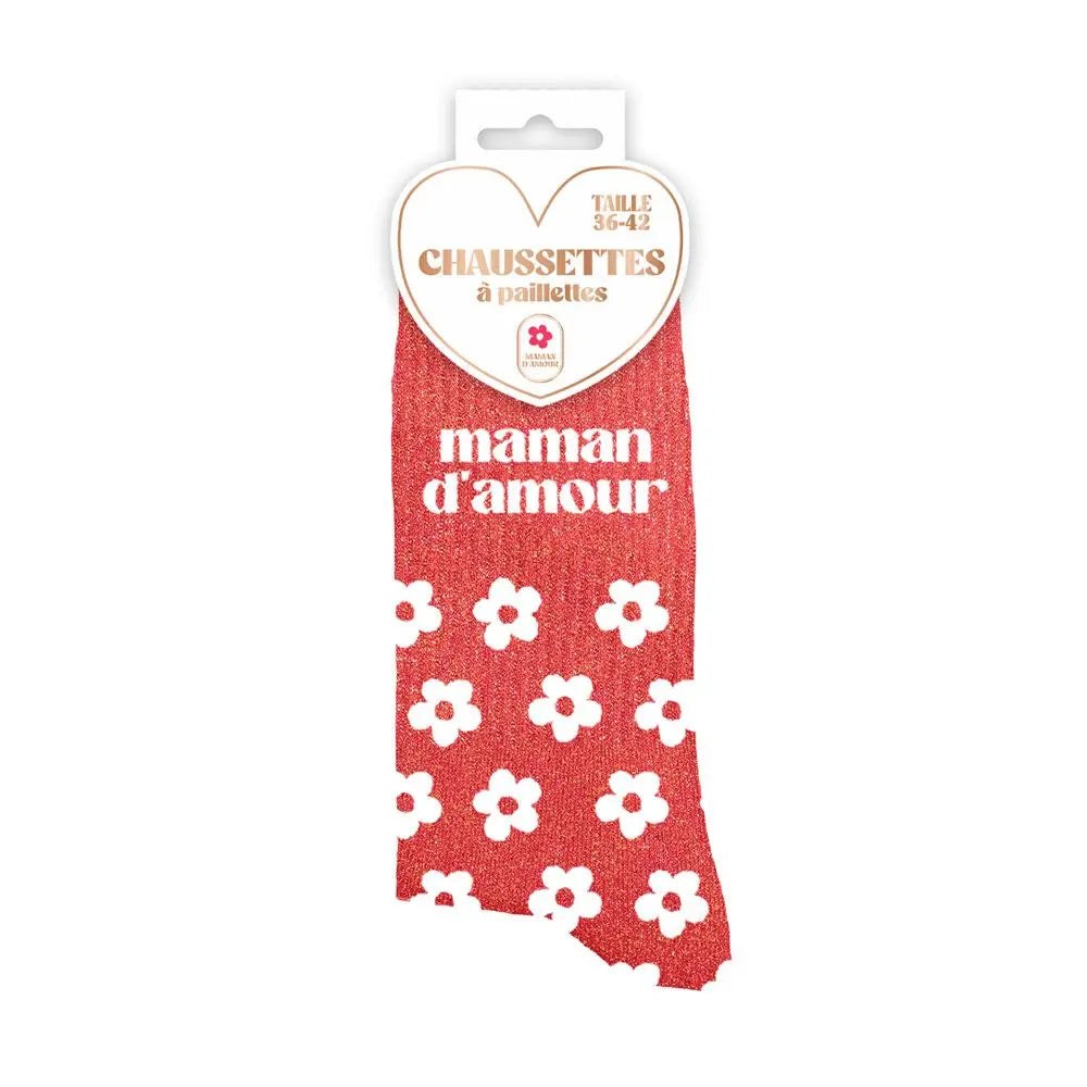 Maman d'Amour avec des fleurs Chaussettes à paillettes