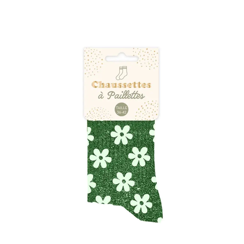 Paillettes Vertes à Fleurs Chaussettes à paillettes