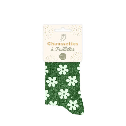 Paillettes Vertes à Fleurs Chaussettes à paillettes